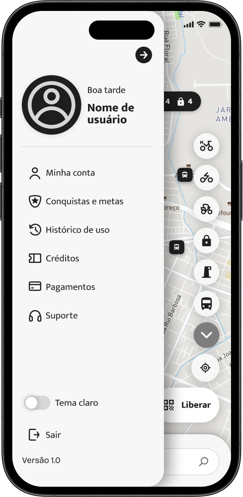 Menu do app hubmob com perfil, conquistas, créditos e suporte