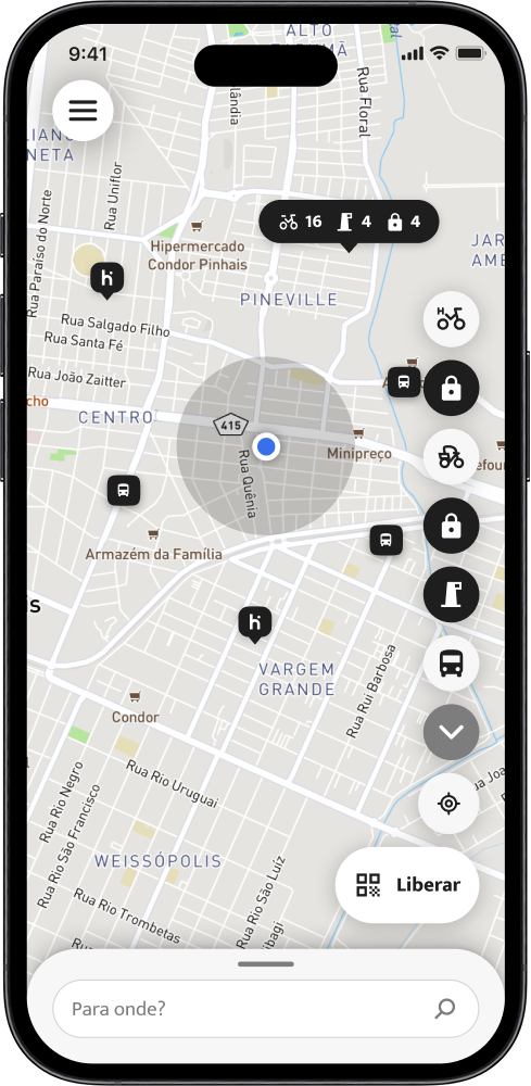 Tela inicial do app hubmob com mapa das estações